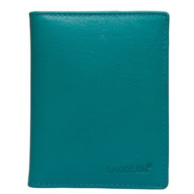 SADDLER "LEXI" Portatarjetas de crédito RFID plegable de cuero lujoso para mujer | Cartera minimalista delgada | Cartera de diseñador para tarjetas de crédito para damas | Caja de regalo - Verde azulado