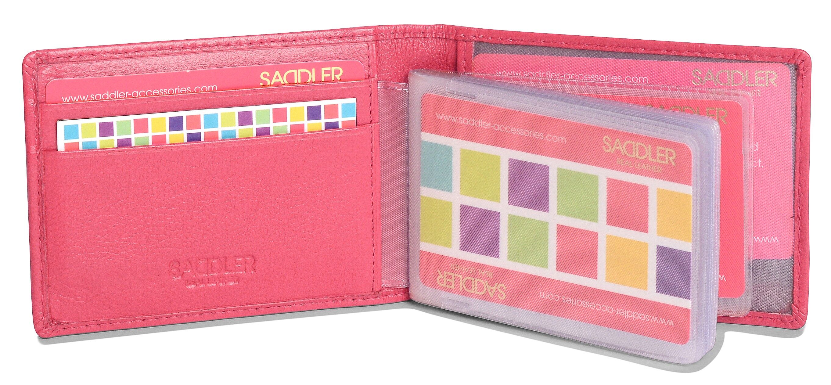 SADDLER "ROBYN" Porta carte di credito bifold in vera pelle di lusso con linguetta | Portafoglio sottile e minimalista | Portafoglio per carte di credito di design per donna | Confezione regalo - Fucsia