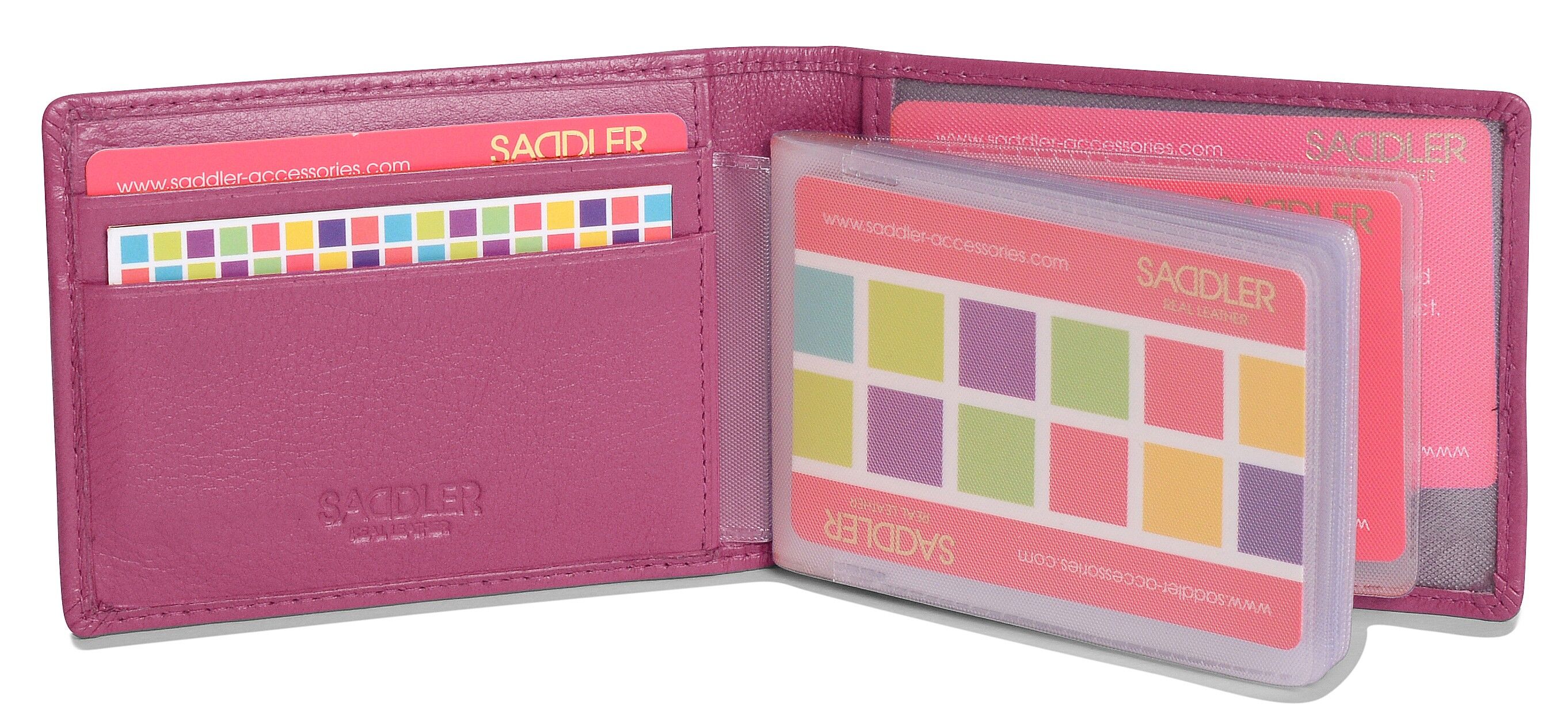 SADDLER "ROBYN" Porta carte di credito bifold in vera pelle di lusso con linguetta | Portafoglio sottile e minimalista | Portafoglio per carte di credito di design per donna | Confezione regalo - Magenta
