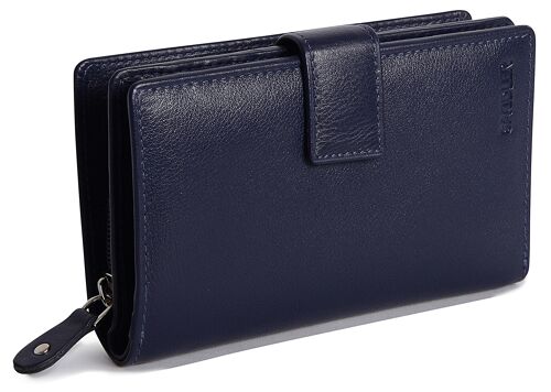 SADDLER "HOLY" Womens Luxurious Real Leather Bifold Wallet Clutch Zipper Purse | Genuine Leather Ladies Designer High Capacity Credit Card Holder with Large Zipper Coin Purse | Gift Boxed - Navy
