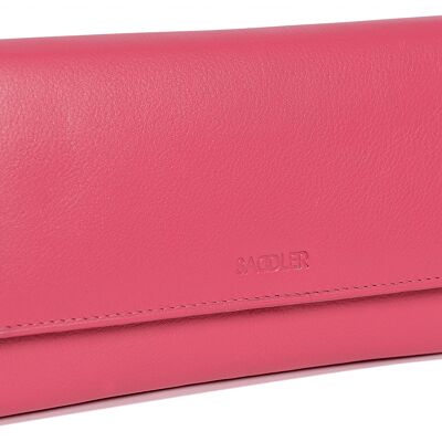SADDLER "GRACE" Womens Large Luxurious Real Leather Multi Section RFID Credit Card Clutch Purse Wallet| Designer Ladies Purse with Triple Zippered Pockets| Gift Boxedd - Fuchsia