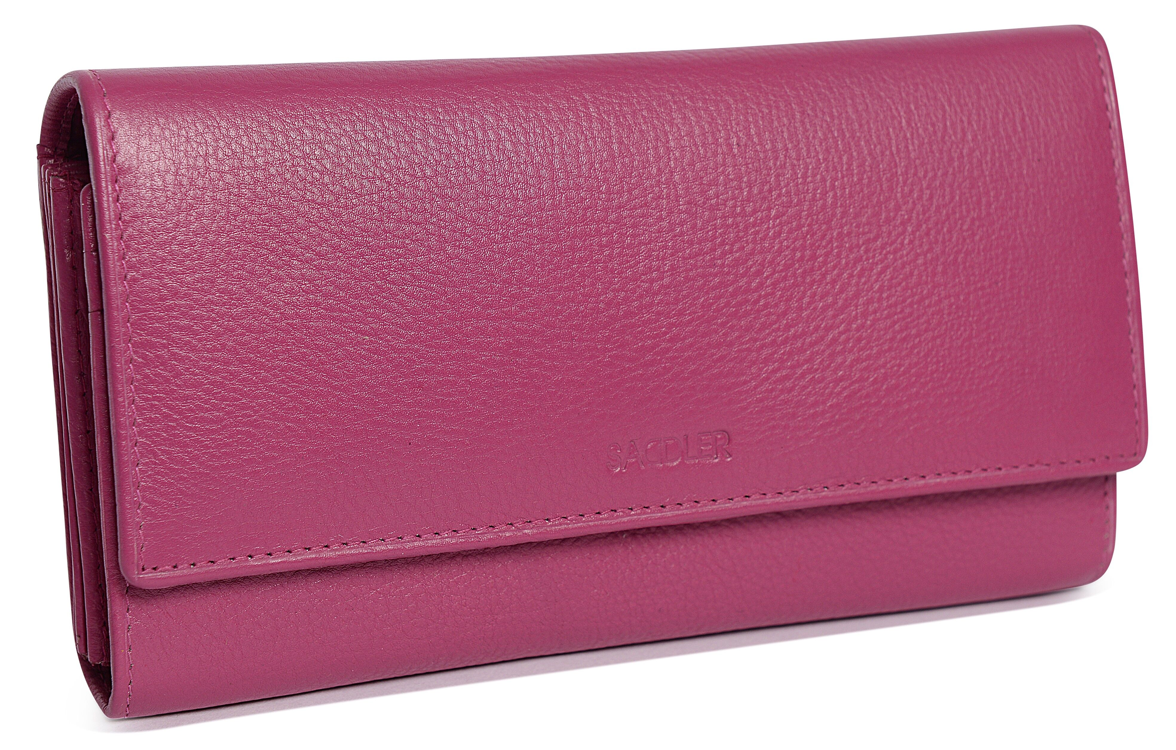 SADDLER "GRACE" Portafoglio da donna grande e lussuoso in vera pelle a più sezioni con frizione RFID per carte di credito | Borsa da donna di design con tasche triple con cerniera| Confezione regalo - Magenta