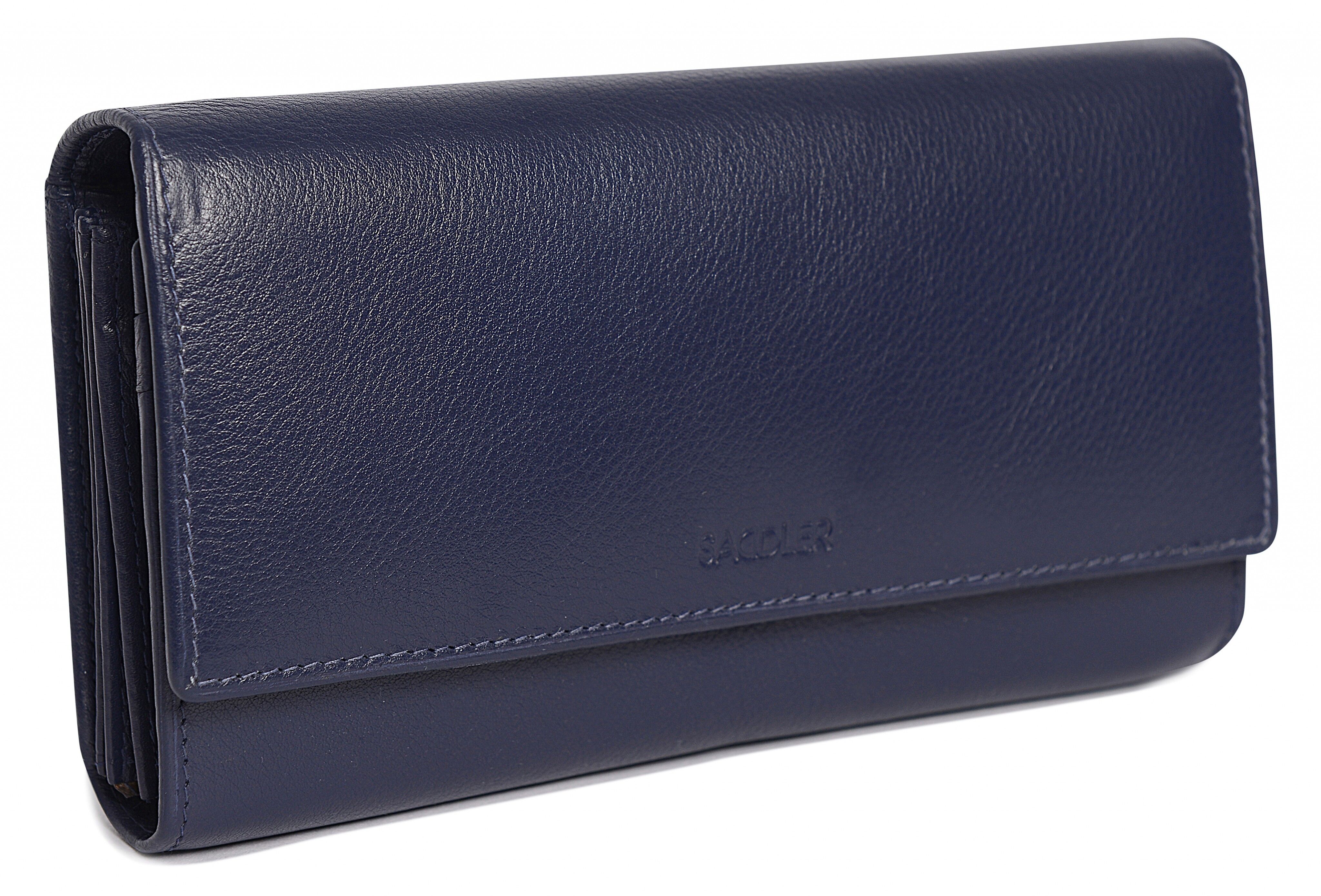 SADDLER "GRACE" Portafoglio da donna grande e lussuoso in vera pelle a più sezioni con frizione RFID per carte di credito | Borsa da donna di design con tasche triple con cerniera| Confezione regalo - Navy