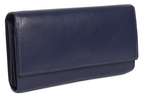 SADDLER "GRACE" Womens Large Luxurious Real Leather Multi Section RFID Credit Card Clutch Purse Wallet| Designer Ladies Purse with Triple Zippered Pockets| Gift Boxed - Navy