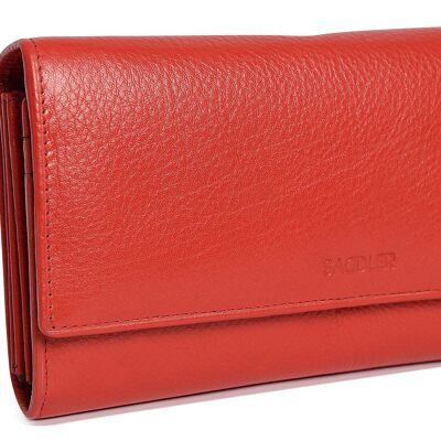 SADDLER "GRACE" Grand portefeuille en cuir véritable luxueux à plusieurs sections pour carte de crédit RFID | Sac à main Designer pour femmes avec trois poches zippées | Coffret cadeau - Rouge