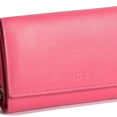 SADDLER "ELEANOR" para mujer de lujo de cuero real con tres pliegues RFID Monedero de embrague con cremallera Monedero | Tarjetero para tarjetas de crédito múltiple de diseñador para mujer - para tarjetas de viaje de débito de identificación Caja de regalo - Fucsia