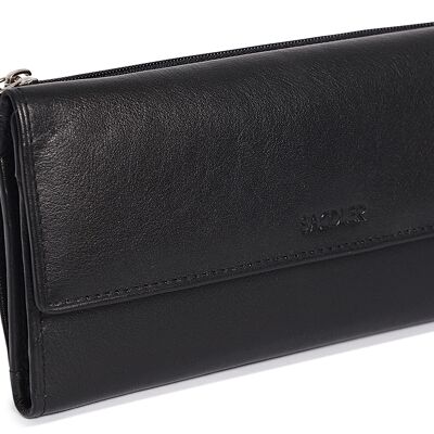 SADDLER "CLAIRE" Womens Luxurious Real Leather Trifold RFID Wallet Purse Clutch with Zippered Coin Pockets | Designer Ladies Multi Zipper Credit Card Holder  | Gift Boxed - Black