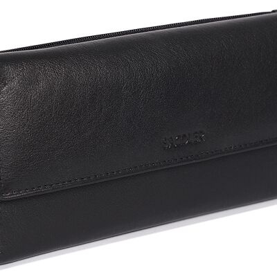 SADDLER "CLAIRE" Womens Luxurious Real Leather Trifold RFID Wallet Purse Clutch with Zippered Coin Pockets | Designer Ladies Multi Zipper Credit Card Holder | Gift Boxed - Black