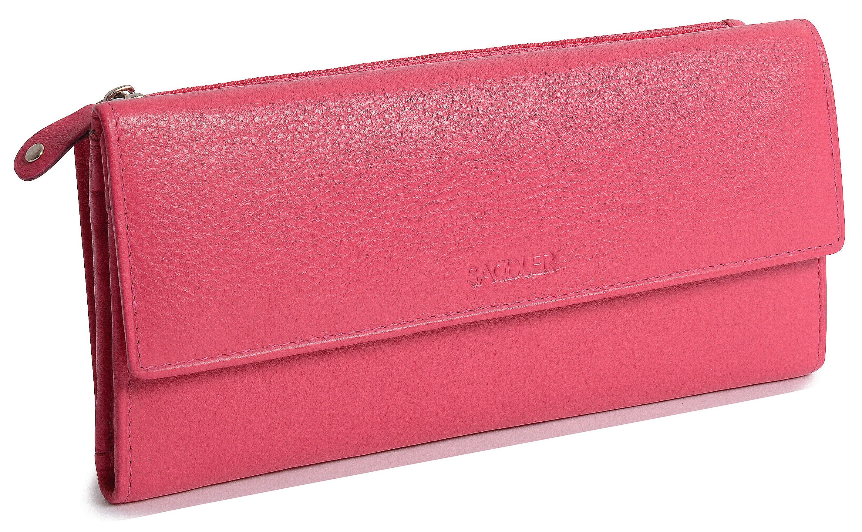 SADDLER "CLAIRE" Pochette da donna a portafoglio in vera pelle di lusso con RFID a tre ante con tasche portamonete con cerniera | Porta carte di credito multi cerniera da donna di design | Confezione regalo - Fucsia