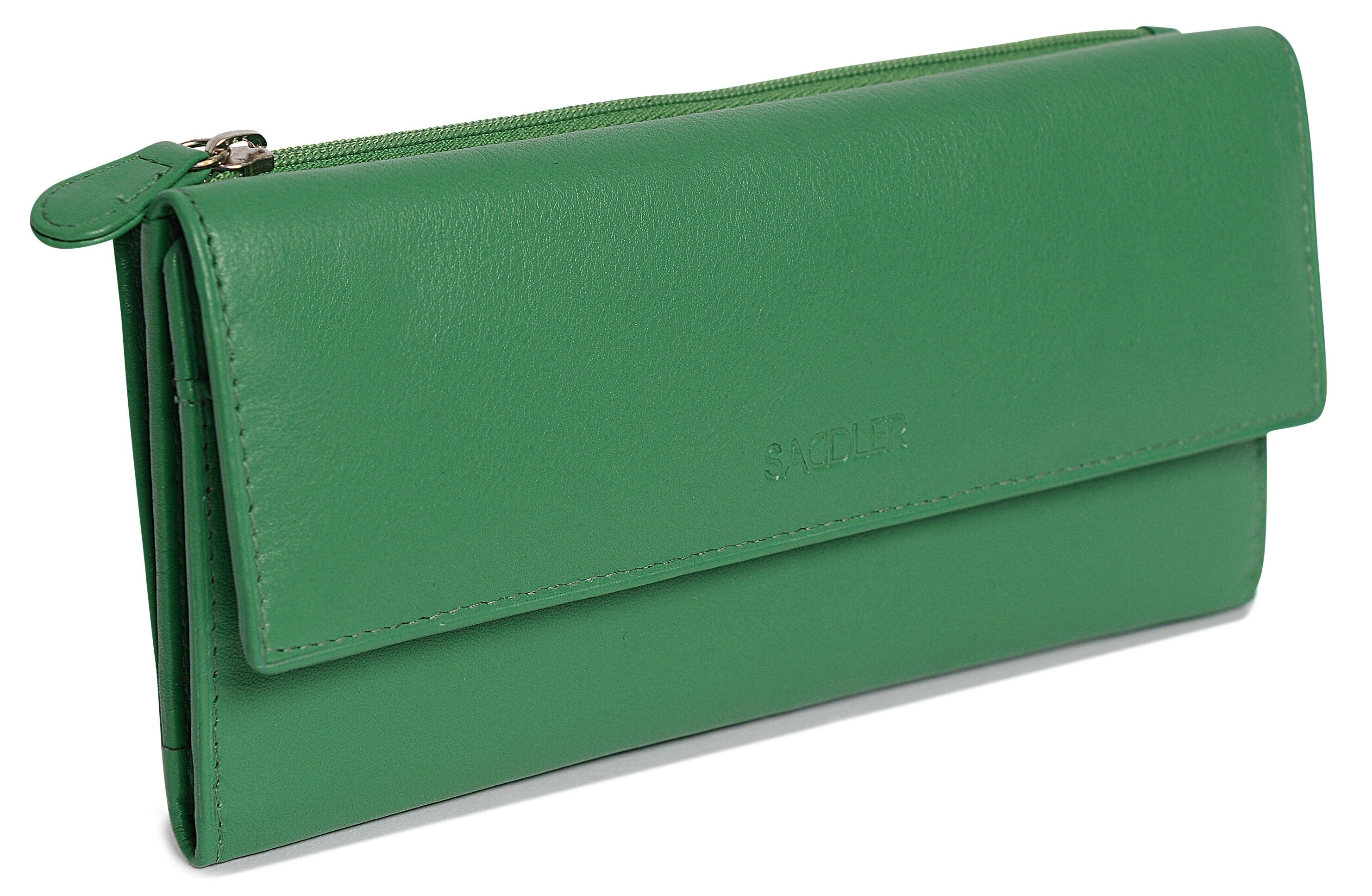 SADDLER "CLAIRE" Pochette da donna a portafoglio in vera pelle di lusso con RFID a tre ante con tasche portamonete con cerniera | Porta carte di credito multi cerniera da donna di design | Confezione regalo - Verde