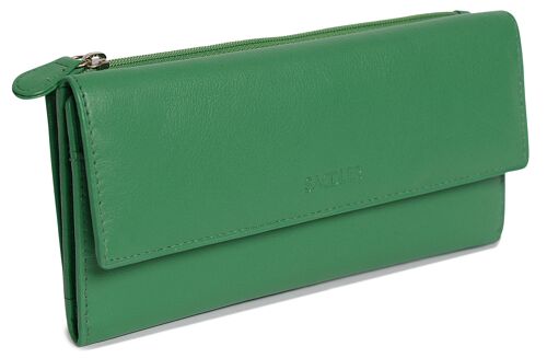 SADDLER "CLAIRE" Womens Luxurious Real Leather Trifold RFID Wallet Purse Clutch with Zippered Coin Pockets | Designer Ladies Multi Zipper Credit Card Holder | Gift Boxed - Green