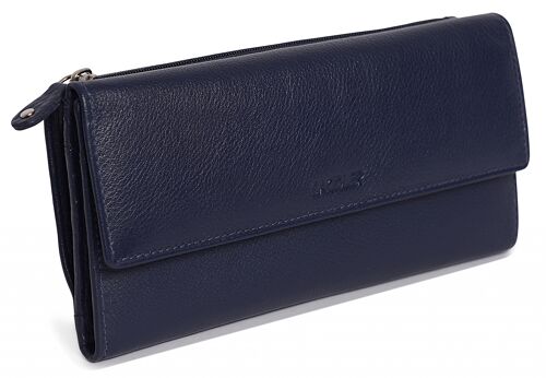 SADDLER "CLAIRE" Womens Luxurious Real Leather Trifold RFID Wallet Purse Clutch with Zippered Coin Pockets | Designer Ladies Multi Zipper Credit Card Holder | Gift Boxed - Navy