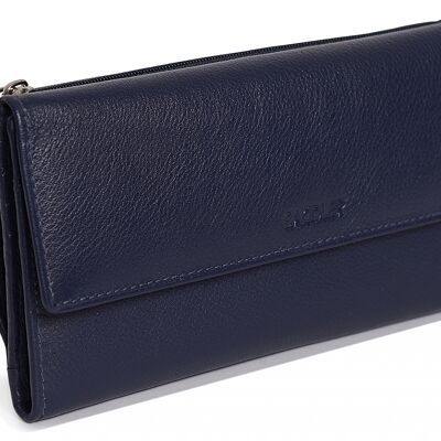SADDLER "CLAIRE" Womens Luxurious Real Leather Trifold RFID Wallet Purse Clutch with Zippered Coin Pockets | Designer Ladies Multi Zipper Credit Card Holder | Gift Boxed - Navy