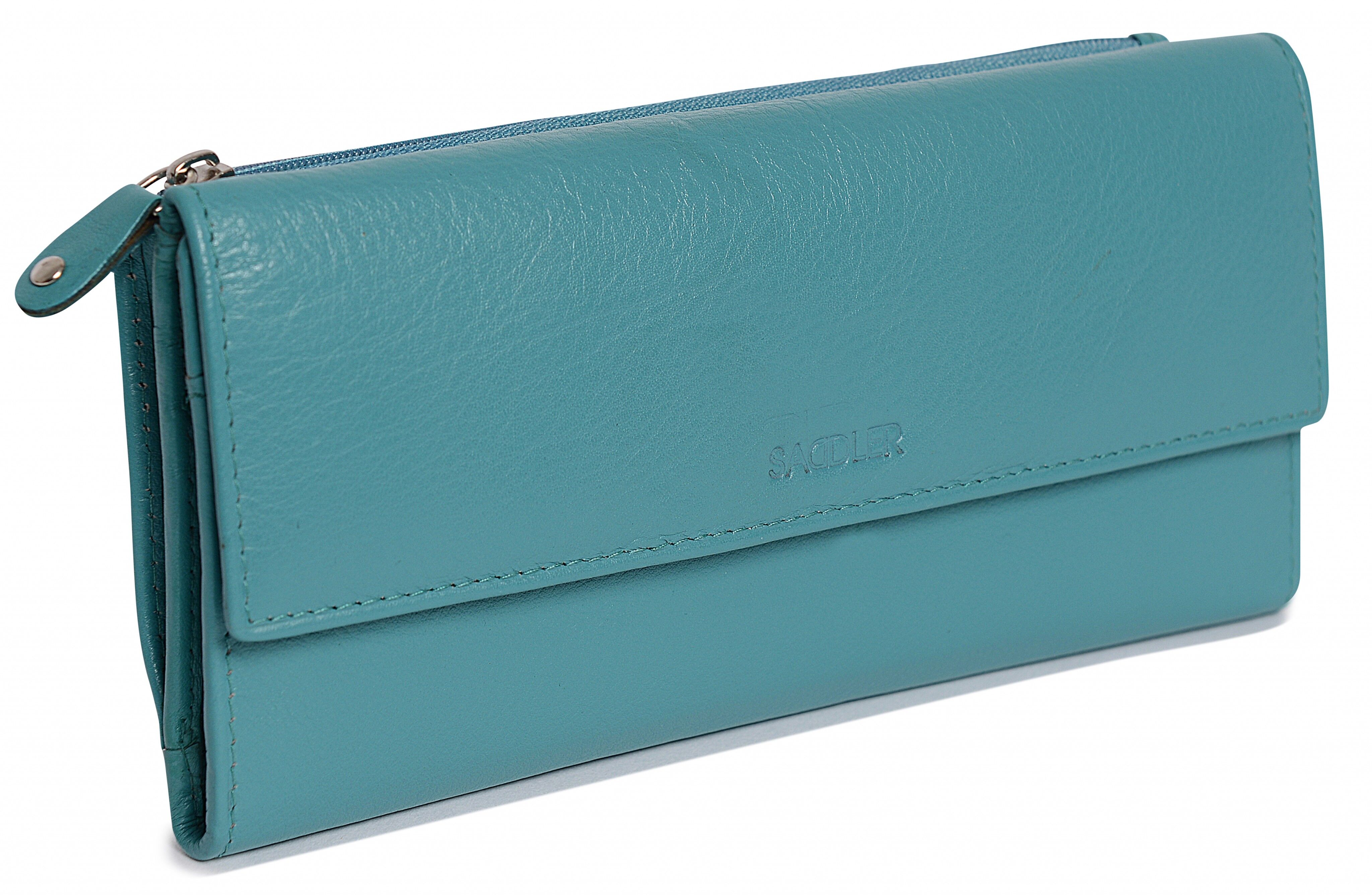 SADDLER "CLAIRE" Pochette da donna a portafoglio in vera pelle di lusso con RFID a tre ante con tasche portamonete con cerniera | Porta carte di credito multi cerniera da donna di design | Confezione regalo - Teal
