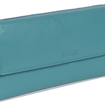 SADDLER "CLAIRE" Womens Luxurious Real Leather Trifold RFID Wallet Purse Clutch with Zippered Coin Pockets | Designer Ladies Multi Zipper Credit Card Holder | Gift Boxed - Teal