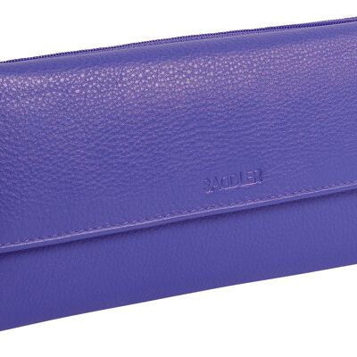 SADDLER "CLAIRE" Lujoso bolso de mano RFID de cuero real con tres pliegues RFID y bolsillos para monedas con cremallera | Tarjetero para tarjetas de crédito con cremallera múltiple para mujer de diseñador | Caja de regalo - Púrpura