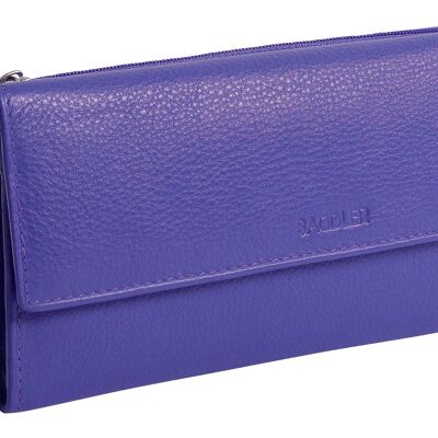 SADDLER "CLAIRE" Womens Luxurious Real Leather Trifold RFID Wallet Purse Clutch with Zippered Coin Pockets | Designer Ladies Multi Zipper Credit Card Holder | Gift Boxed - Purple