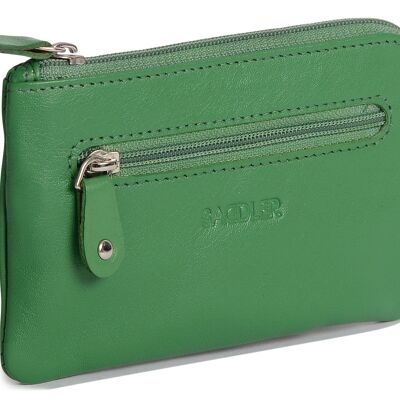SADDLER "ELLIE" Womens Luxurious Real  Leather Zip Top Coin Purse with Double Key Rings Front Pocket | Designer Change Pouch |Gift Boxed - Green