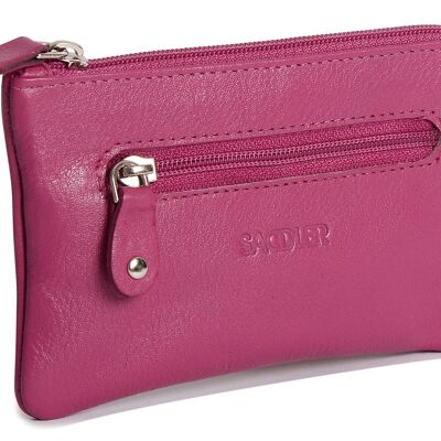 SADDLER "ELLIE" Womens Luxurious Real Leather Zip Top Coin Purse with Double Key Rings Front Pocket | Designer Change Pouch |Gift Boxed - Magenta