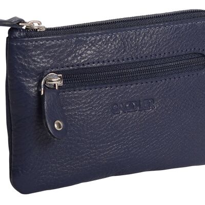 SADDLER "ELLIE" Womens Luxurious Real Leather Zip Top Coin Purse with Double Key Rings Front Pocket | Designer Change Pouch |Gift Boxed - Navy