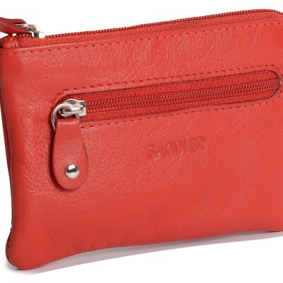 SADDLER "ELLIE" Womens Luxurious Real Leather Zip Top Coin Purse with Double Key Rings Front Pocket | Designer Change Pouch |Gift Boxed - Red