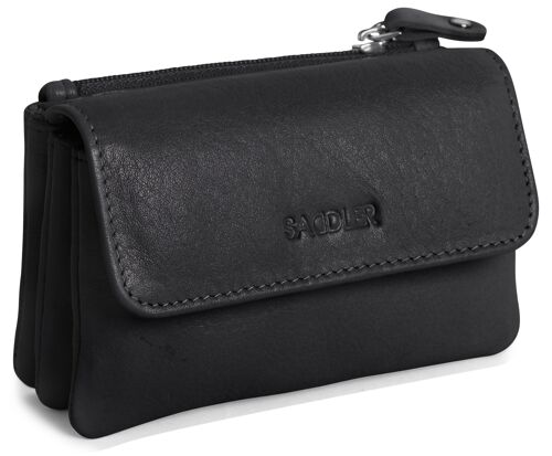 SADDLER "LILY" Womens Luxurious Real Leather Flapover Small Coin Purse | Designer Change Pouch with Zip | Credit Card Size | Gift boxed - Black