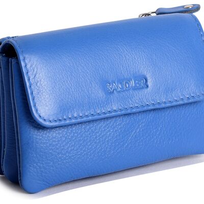 SADDLER "LILY" Lujoso monedero pequeño con solapa de cuero auténtico para mujer | Bolsa de cambio de diseñador con cremallera | Tamaño de la tarjeta de crédito | Caja de regalo - Azul