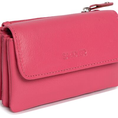 SADDLER "LILY" Petit porte-monnaie luxueux à rabat en cuir véritable pour femmes | Pochette à langer avec zip | Taille de la carte de crédit | Coffret cadeau -Fuchsia