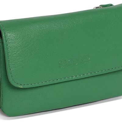 SADDLER "LILY", lujoso monedero pequeño con solapa de cuero auténtico para mujer | Bolsa de cambio de diseñador con cremallera | Tamaño de la tarjeta de crédito | Caja de regalo - Verde