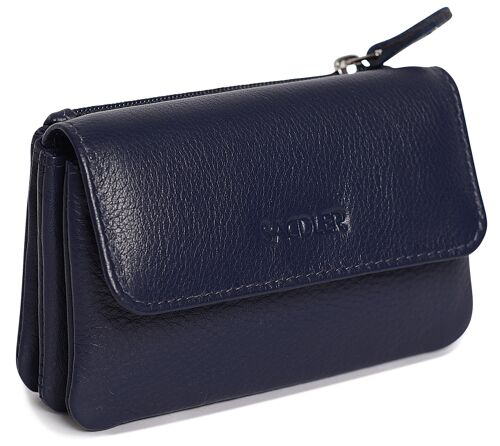 SADDLER "LILY" Womens Luxurious Real Leather Flapover Small Coin Purse | Designer Change Pouch with Zip | Credit Card Size | Gift boxed- Navy