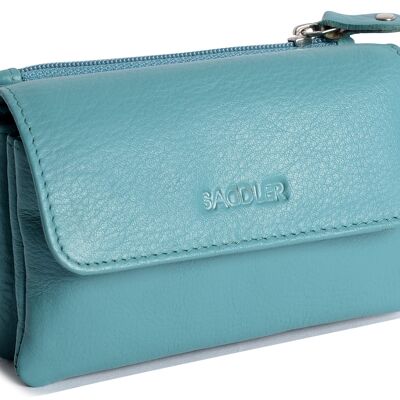 SADDLER "LILY", lujoso monedero pequeño con solapa de cuero auténtico para mujer | Bolsa de cambio de diseñador con cremallera | Tamaño de la tarjeta de crédito | Caja de regalo - Verde azulado