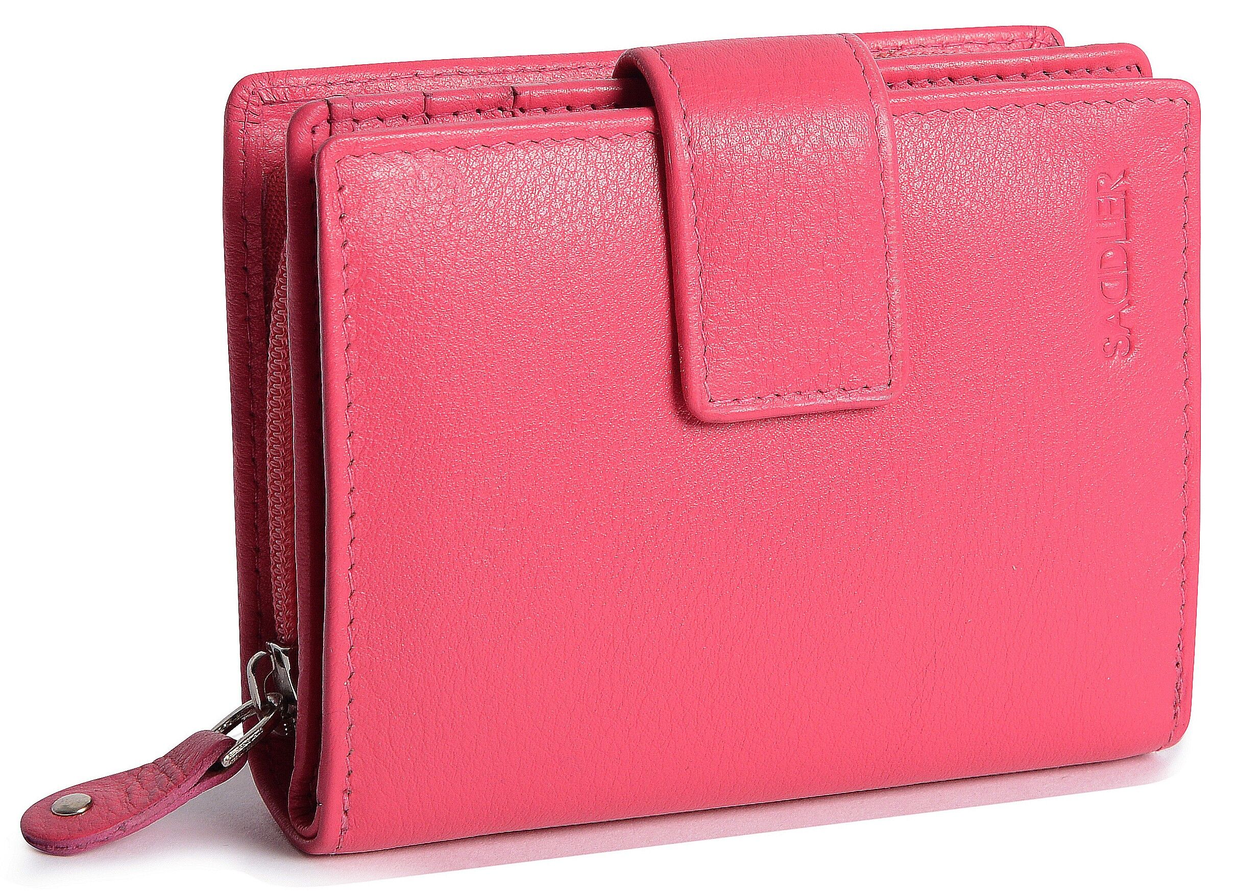 SADDLER "EMILY" Portafoglio medio da donna in vera pelle con portamonete con cerniera | Pochette da donna di design perfetta per carte d'identità, banconote, carte di debito da viaggio | Confezione regalo - Fucsia