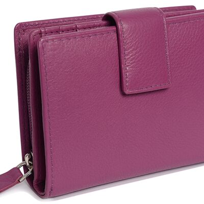 SADDLER "EMILY" Monedero mediano plegable de cuero auténtico para mujer con monedero con cremallera | Bolso de mano de diseñador para mujer, perfecto para tarjetas de identificación, billetes, tarjetas de viaje | Caja de regalo - Magenta