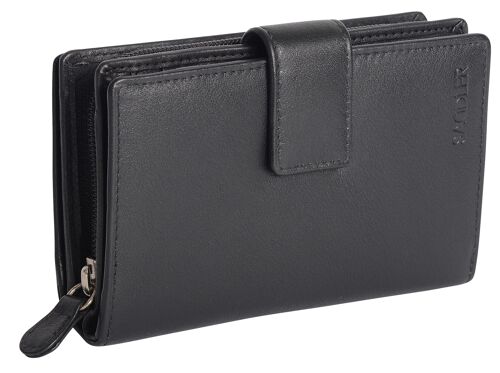 SADDLER "GEORGIE" Womens Luxurious Real Leather Large  Bifold Purse Wallet with Centre Zipper Coin Purse | Designer Ladies Clutch Perfect for ID Coins Notes Debit Travel Cards | Gift Boxed - Black