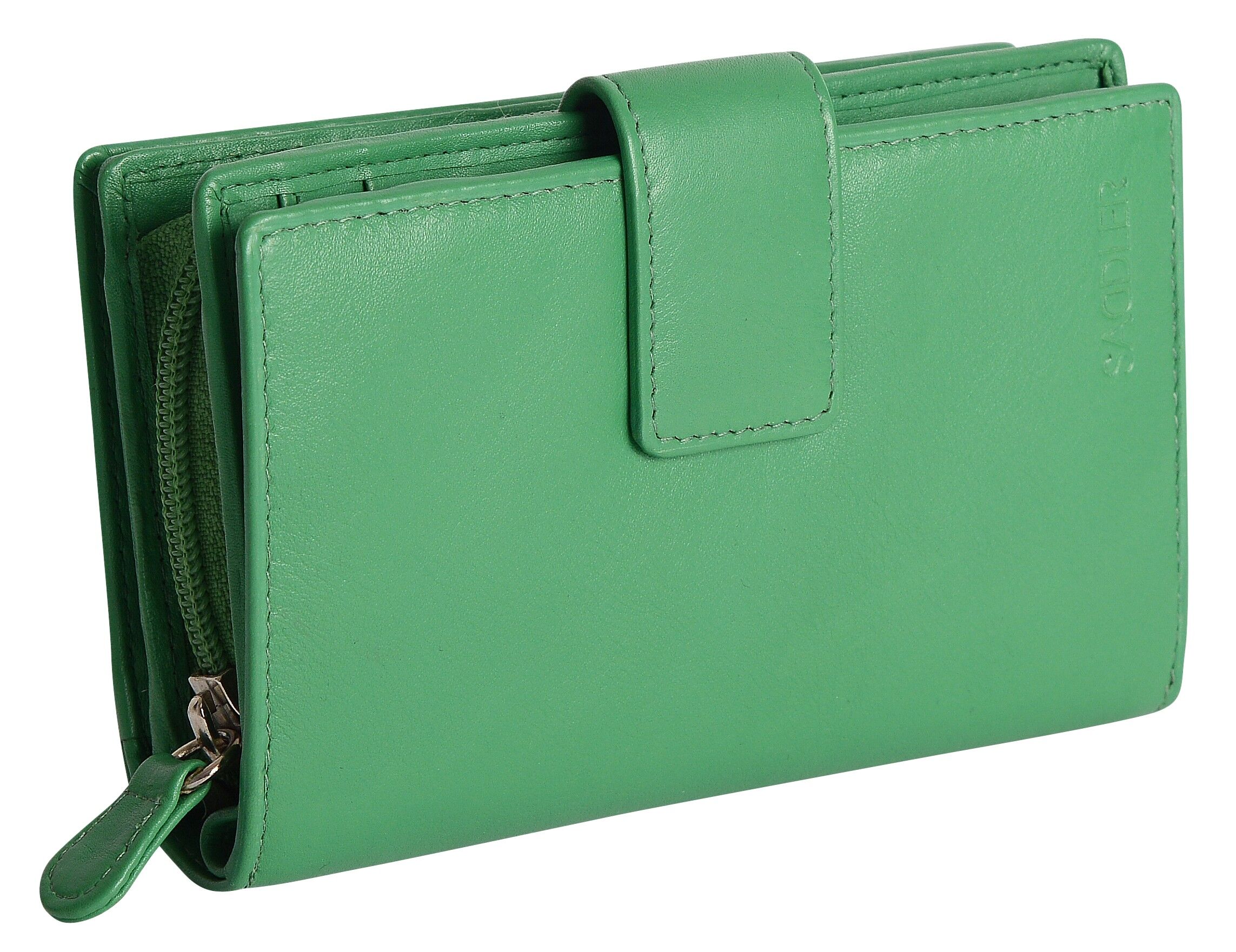 SADDLER "GEORGIE" Portafoglio grande da donna in vera pelle di lusso con portamonete con cerniera centrale | Pochette da donna di design perfetta per carte d'identità, banconote, carte di debito da viaggio | Confezione regalo - Verde