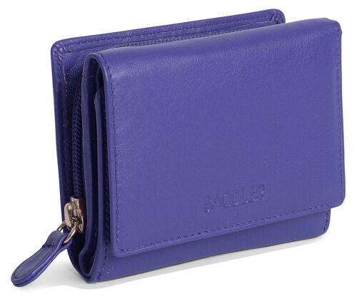 SADDLER "CARLA" Womens Luxurious Real Leather Trifold RFID Credit Card Wallet With Large Zippered Coin Pocket | Designer Ladies Purse - Perfect for ID Coins Notes Debit Travel Cards | Gift Boxed - Purple