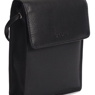 SADDLER "SARA" Monedero de viaje compacto de piel auténtica cruzada para mujer con tarjetero extraíble | Bolso bandolera de diseñador: perfecto para teléfono celular, pasaporte, todas las tarjetas | Caja de regalo - Negro