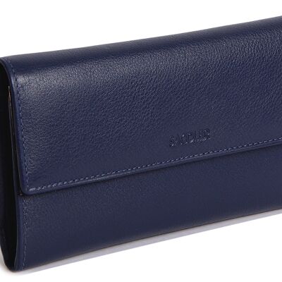 SADDLER "ELLA" Womens Large Luxurious Real Leather Credit Card Wallet | Designer Ladies Clutch with Zipper Purse | Perfect for Notes ID Pass Debit Credit Travel Cards| Gift Boxed - Navy