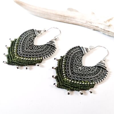 ORIENT earrings - Macramé - silver / olive green