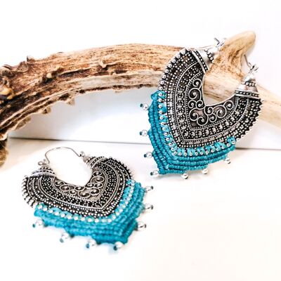 Boucles d'oreilles ORIENT - Macramé - argentées / turquoise