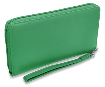 SADDLER "SOPHIA" Pochette portefeuille de luxe en cuir véritable avec longue fermeture éclair pour téléphone avec dragonne amovible | Protégé RFID | Porte-cartes de créateurs pour dames | Coffret cadeau - Vert 3