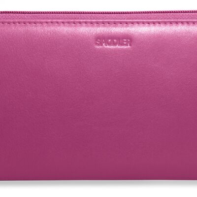 SADDLER "SOPHIA" Lussuosa pochette a portafoglio in vera pelle con cerniera lunga per telefono con cinturino da polso staccabile | Protetto da RFID | Porta carte di credito di design per donna | Confezione regalo - Magenta