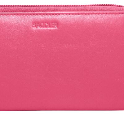 SADDLER "GABRIELLA" Luxurious Real Leather Long Double Zip Phone Wallet Clutch Credit Card Holder |  RFID Protection| Designer Credit Card Purse for Ladies | Gift Boxed - Fuchsia