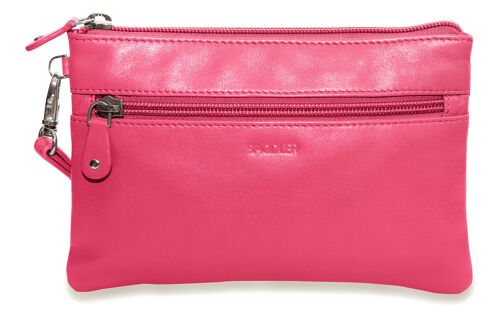 SADDLER "SCARLETT" Luxurious Leather Carry All Zip top Mini Clutch for iPhone with Detatchable Wrist Strap | RFID Protected | Designer Leather Wristlet for Ladies | Gift Boxed - Fuchsia