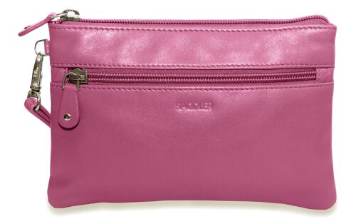 SADDLER "SCARLETT" Luxurious Leather Carry All Zip top Mini Clutch for iPhone with Detatchable Wrist Strap | RFID Protected | Designer Leather Wristlet for Ladies | Gift Boxed - Magenta