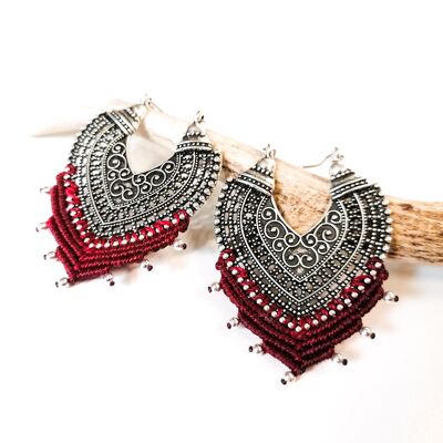 ORIENT earrings - Macramé - silver / burgundy
