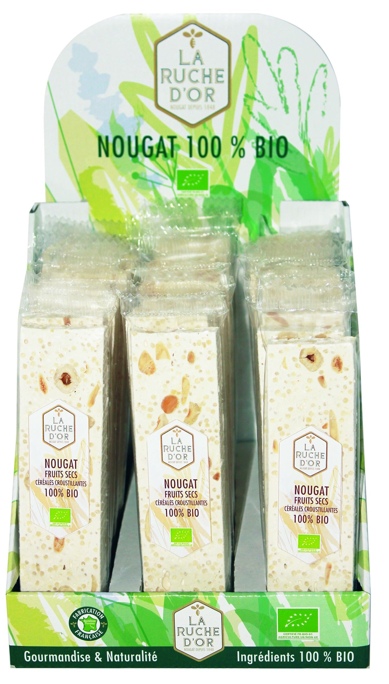 Turrón de frutos secos y cereales ecológico en barra de 50g en PAV