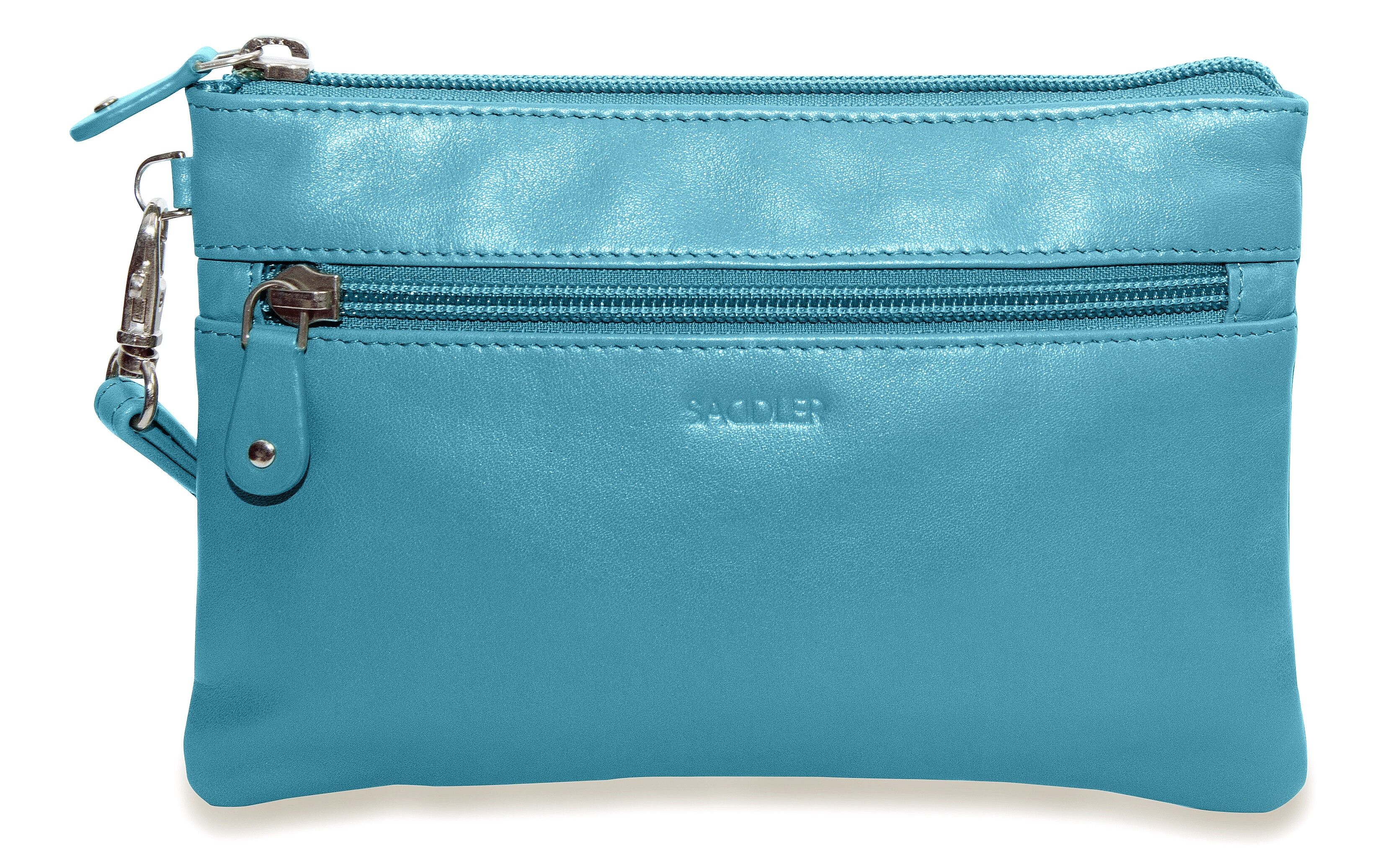 SADDLER "SCARLETT" Mini pochette con cerniera superiore in pelle di lusso per iPhone con cinturino da polso staccabile | Protetto da RFID | Braccialetto in pelle di design per donna | Confezione regalo - Teal