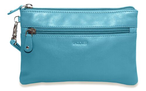 SADDLER "SCARLETT" Luxurious Leather Carry All Zip top Mini Clutch for iPhone with Detatchable Wrist Strap | RFID Protected | Designer Leather Wristlet for Ladies | Gift Boxed - Teal