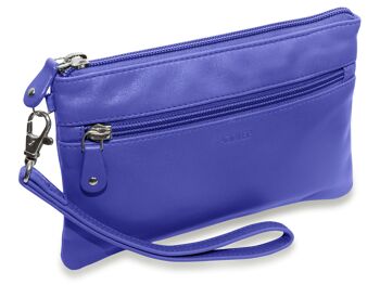 SADDLER "SCARLETT" Mini pochette en cuir de luxe Carry All Zip Top pour iPhone avec dragonne amovible | Protégé RFID | Bracelet en cuir de créateur pour dames | Coffret cadeau - Violet 2